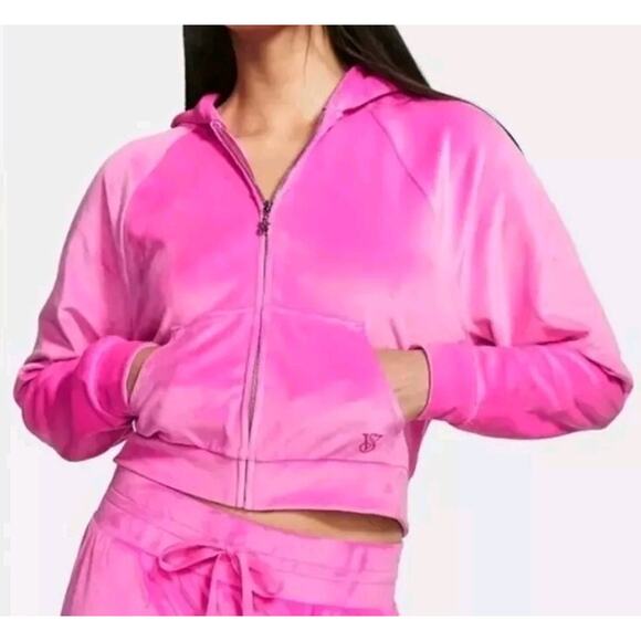 Victoria's Secret On Point Hot Pink Velour Full-Zip Crop Hoodie Jacket L - Picture 1 of 9